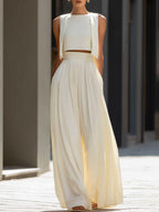 Cropped Overlay Top & Flowing Wide-Leg Pants Set