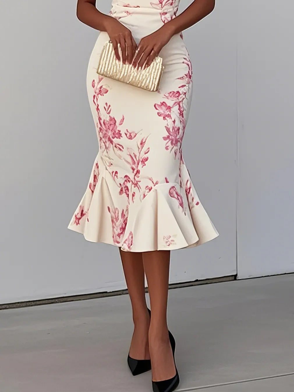 White Pink Floral V Neck Sleeveless Mermaid Midi Dress