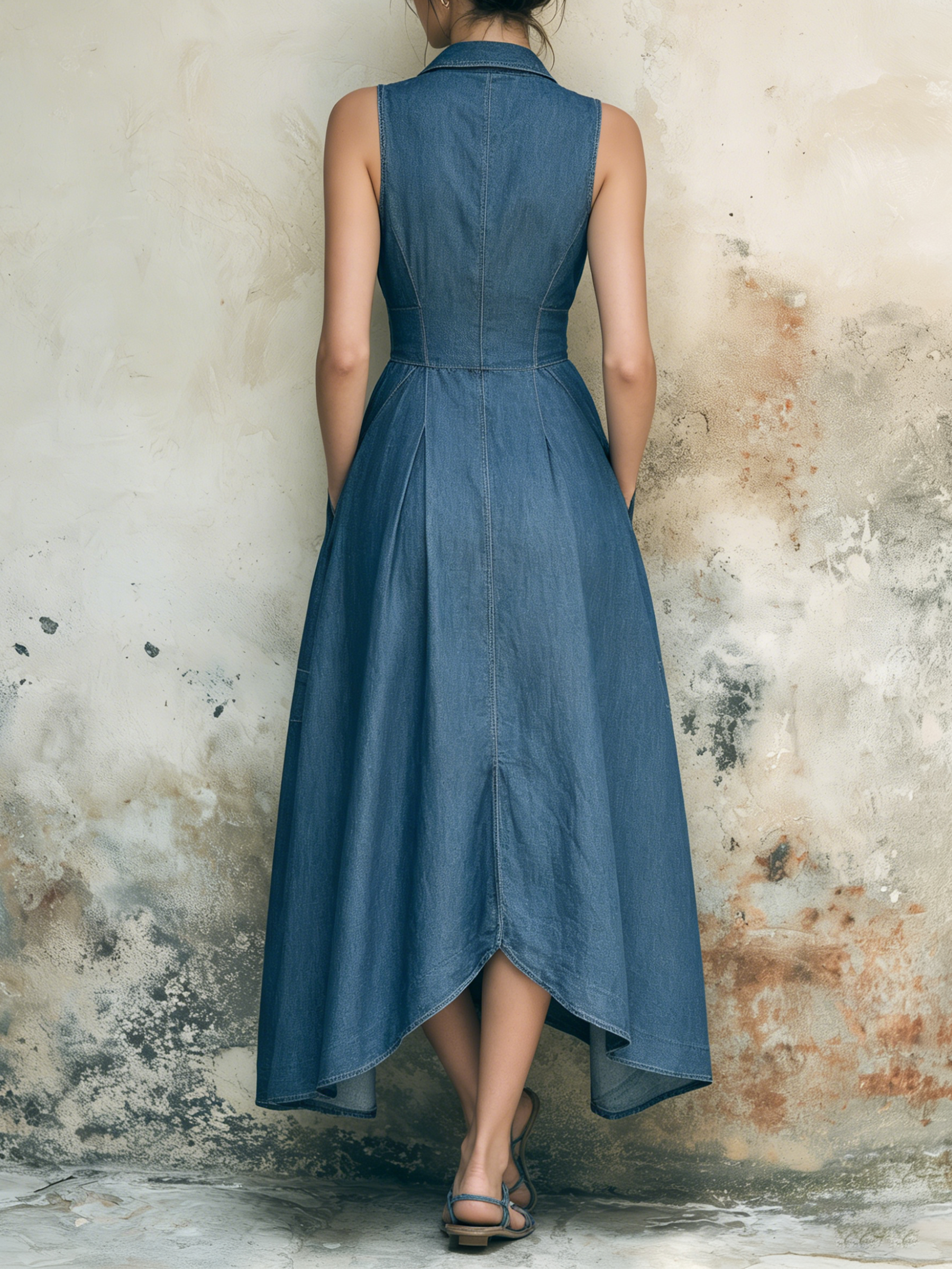 Tencel Denim Sleeveless Corset Waist Midi Dress