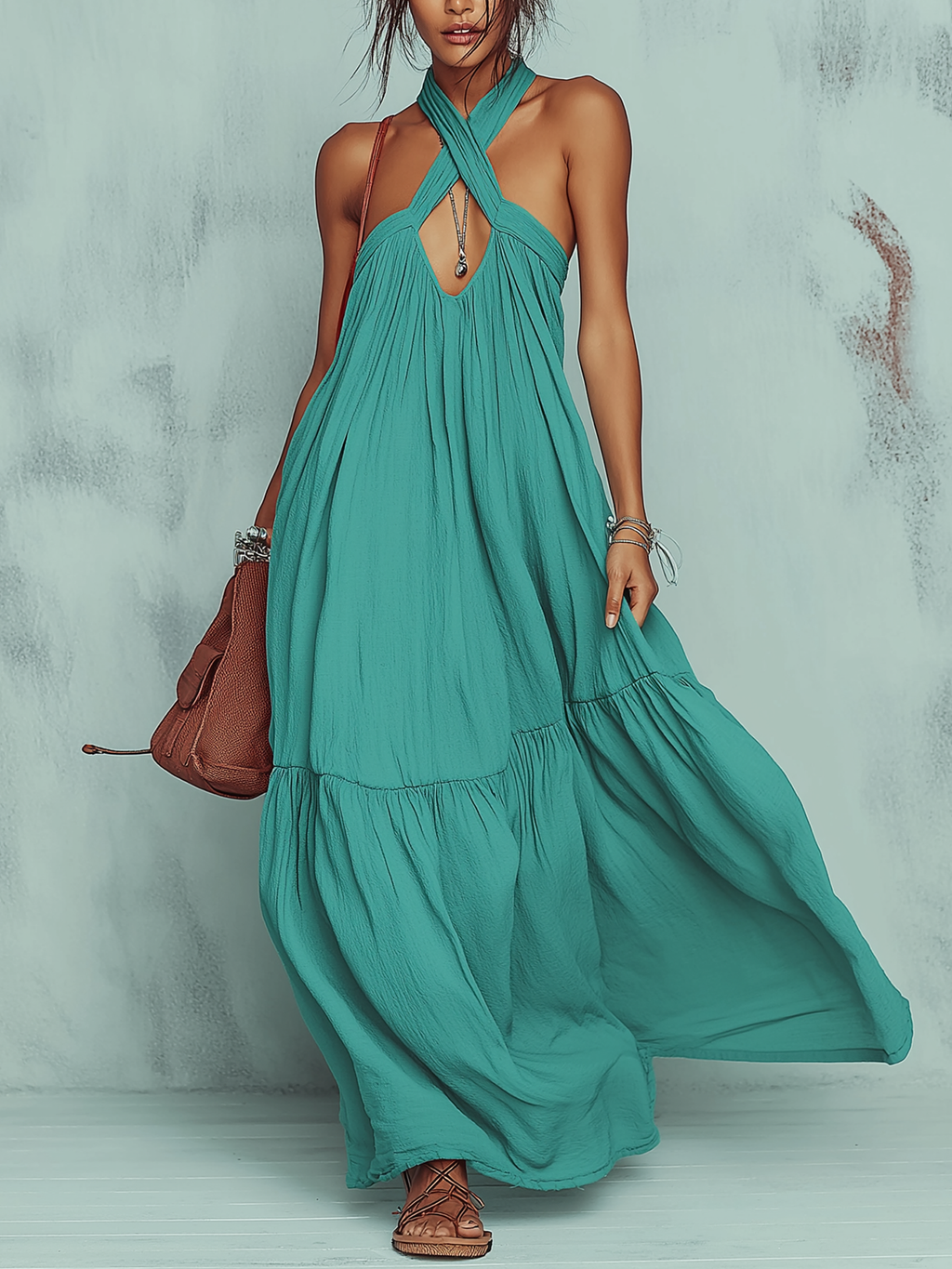 Teal Crisscross Halter Neck Flowy Maxi Dress
