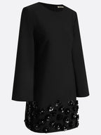 Black 3D Floral Classic Crew Neck Long Sleeve Bell Sleeve A-Line Mini Dress