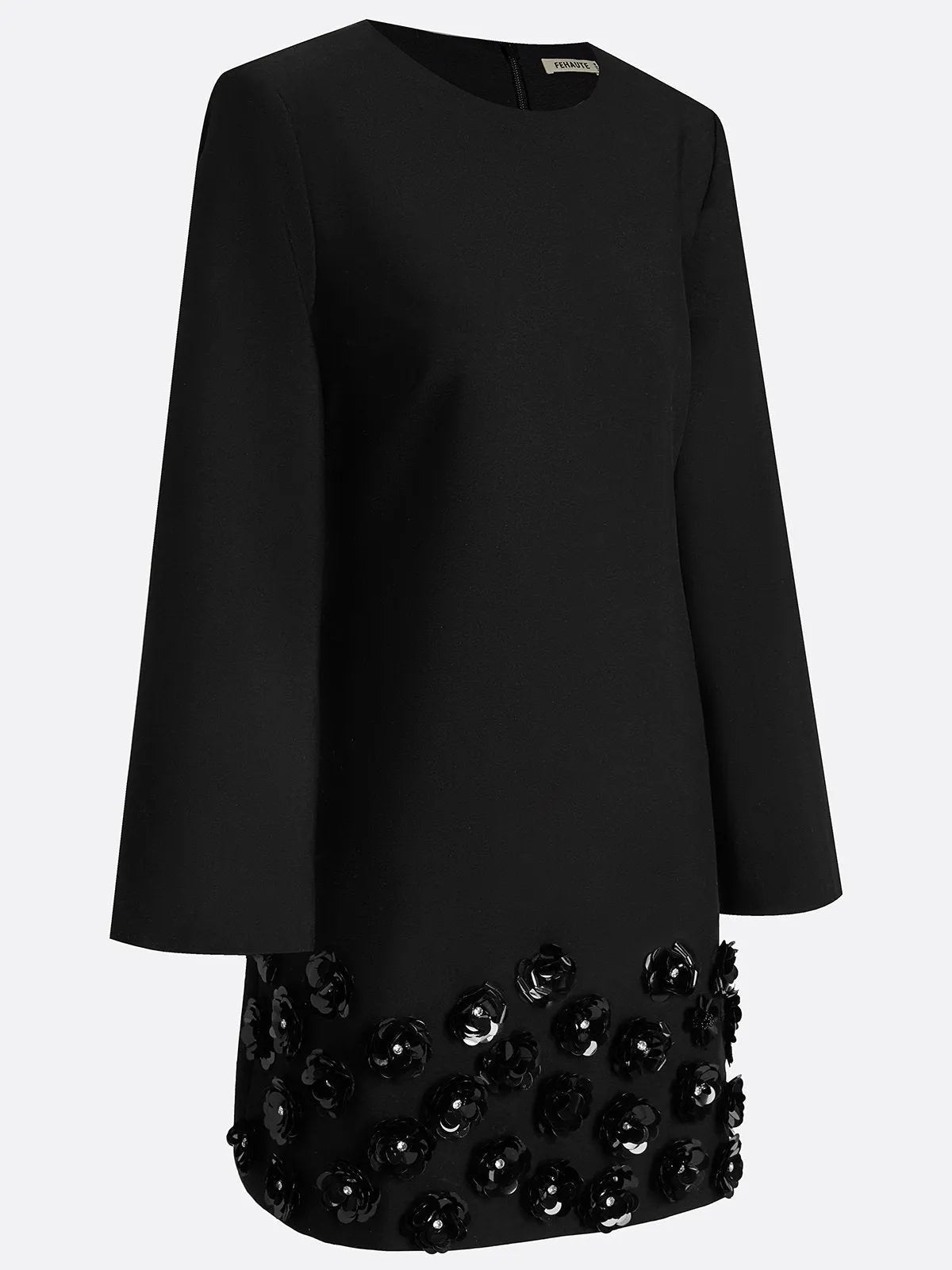 Black 3D Floral Classic Crew Neck Long Sleeve Bell Sleeve A-Line Mini Dress
