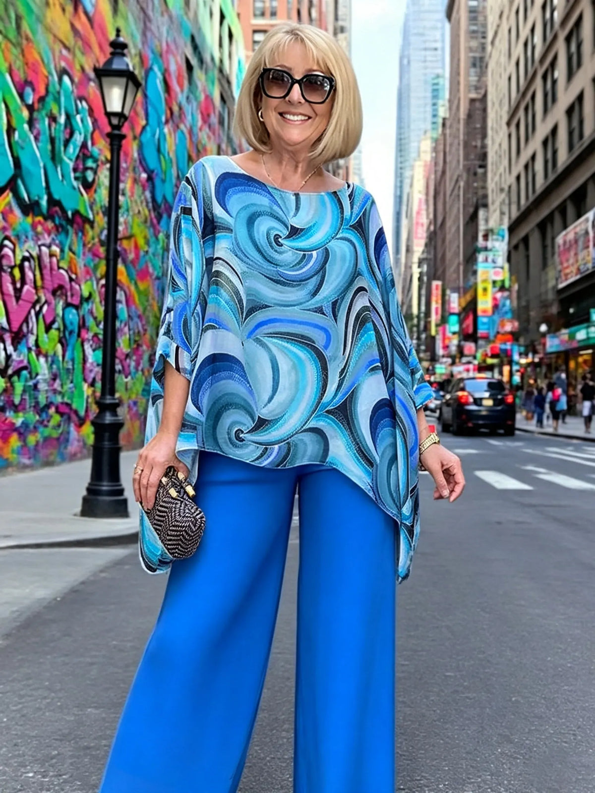 Vibrant Swirl Print Chiffon 2‐Piece Outfit, Loose Boat Neck Tunic Top & Bright Wide‐Leg Pants Set for Women