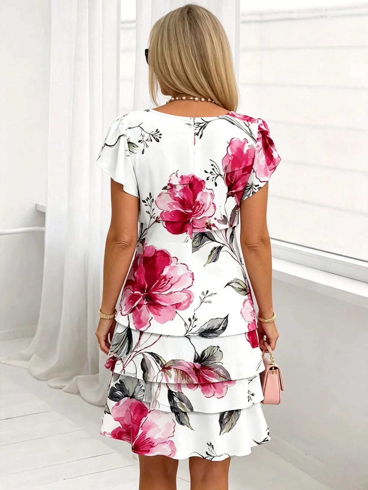 Women's Floral Print Tiered Chiffon Dress, Short Flutter Sleeve Loose Multi-Layer Tummy Covering Shift Dress, Casual Summer Flowy Dress for Daily Vacation Beach