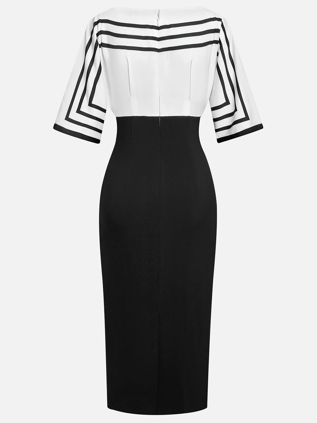 Black White Striped Boat Neck Half Sleeve Sheath Midi Satin Dress