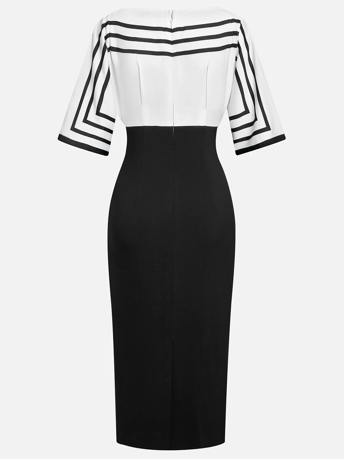 Black White Striped Boat Neck Half Sleeve Sheath Midi Satin Dress