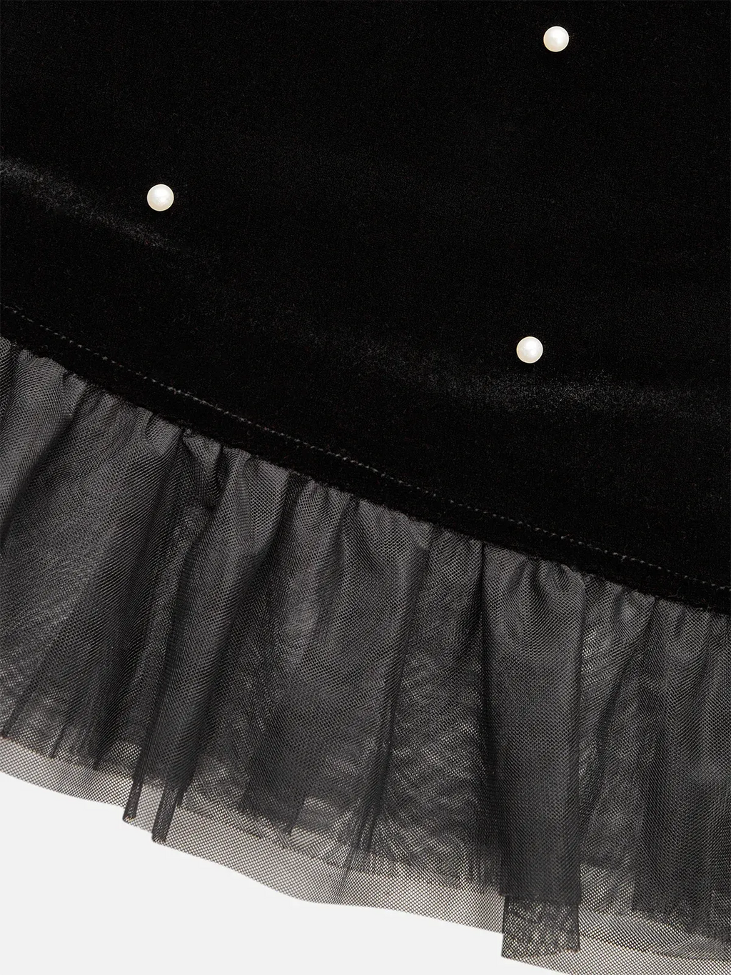 Black Beaded Ruffled Mock Neck Three Quarter Sleeve A-Line Maxi Velvet Dress
