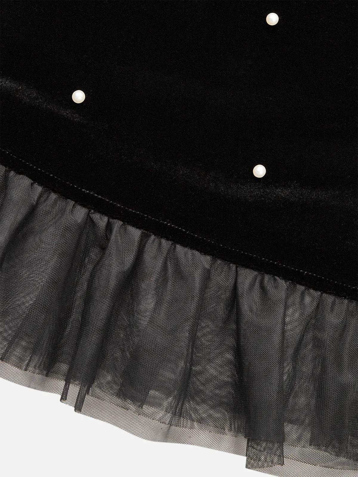 Black Beaded Ruffled Mock Neck Three Quarter Sleeve A-Line Maxi Velvet Dress