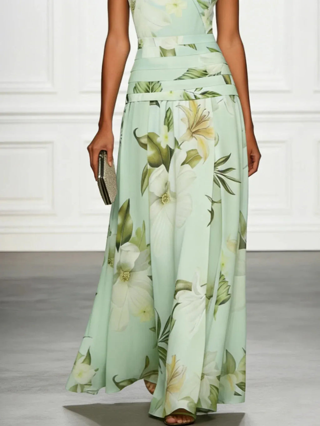 Light Green Floral Ruched Classic Boat Neck Sleeveless A-Line Floor-length Gown Dress