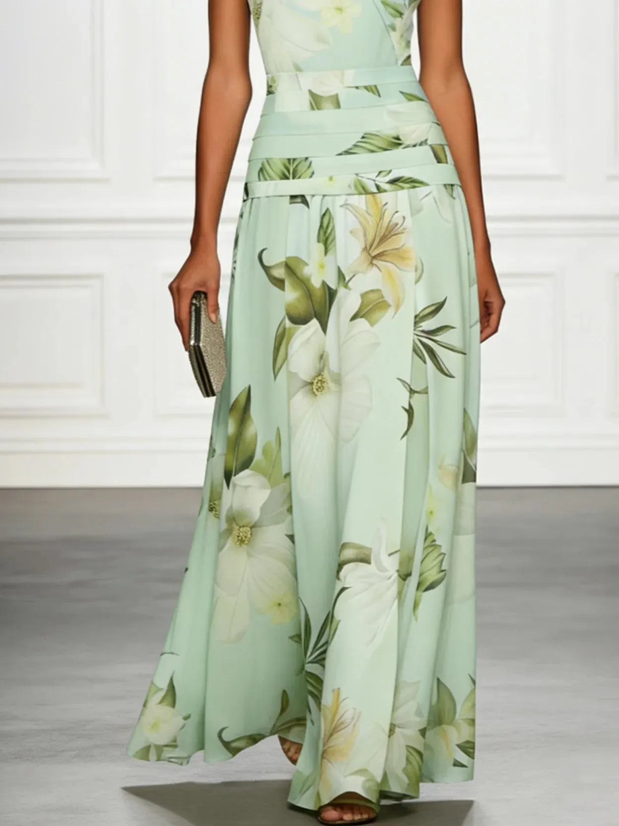 Light Green Floral Ruched Classic Boat Neck Sleeveless A-Line Floor-length Gown Dress