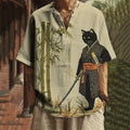 Men's Japanese Black Cat Swordsman Bamboo Embroidery Print Casual V Neck Shirt