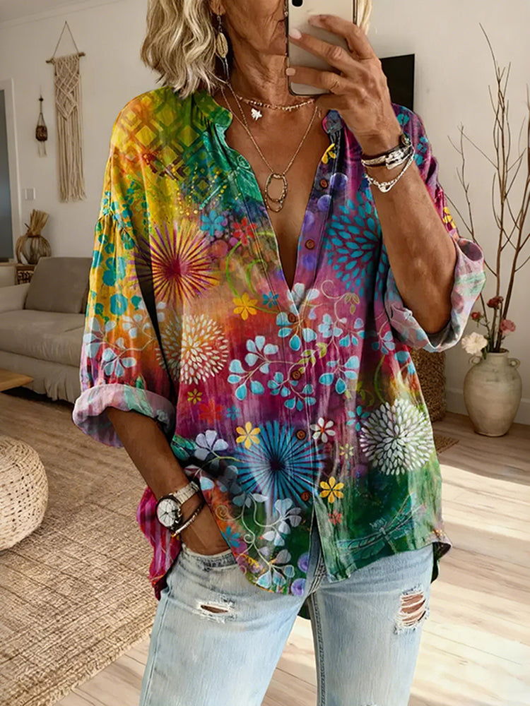 Women's Vintage Colorful Flower Pattern Casual Shirt