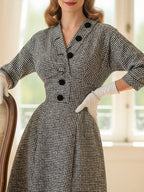 Midi Wool Dress, Half Sleeve, V Neck, Plaid, Belt Design, Vintage, Black