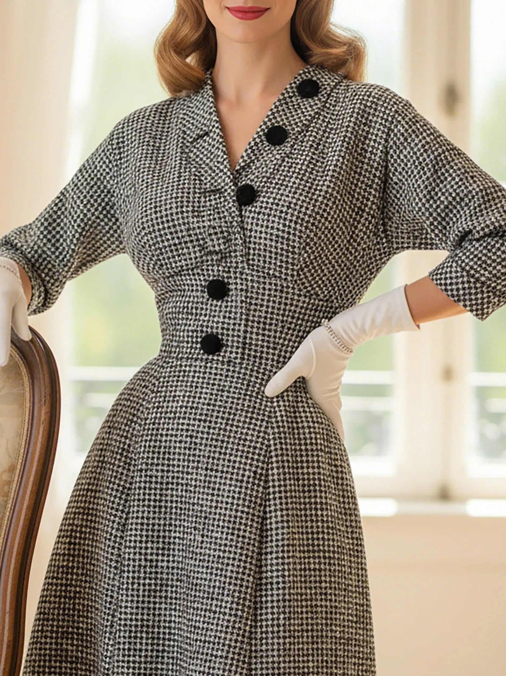 Midi Wool Dress, Half Sleeve, V Neck, Plaid, Belt Design, Vintage, Black