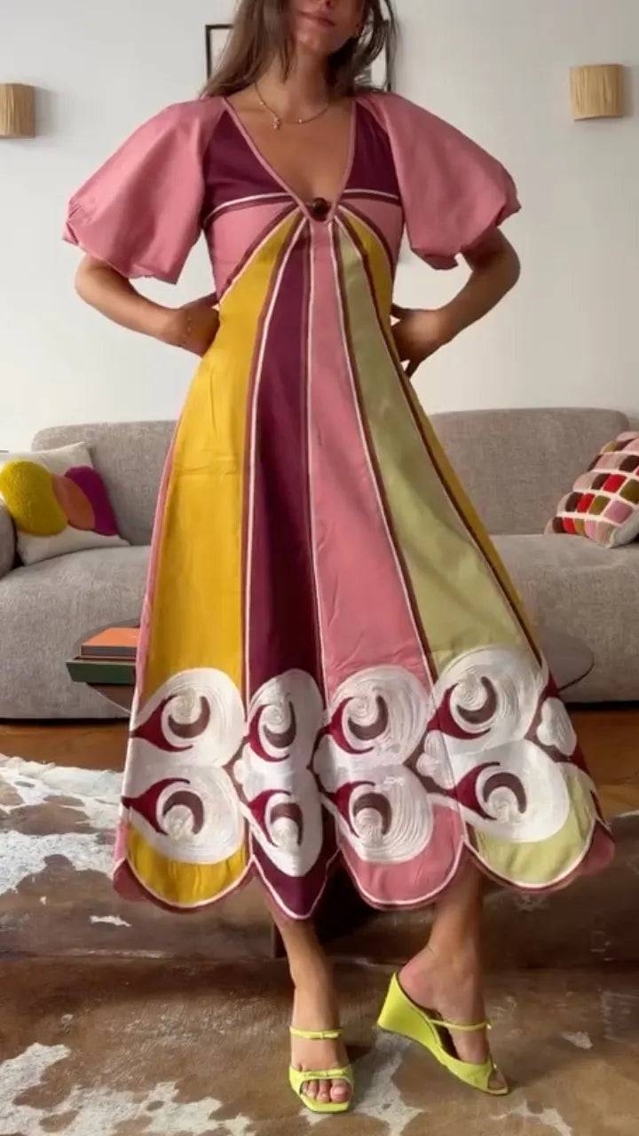 Multicolor Block Print Puff Sleeve Boho Midi Dress