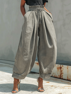 Washed Gray Denim Paperbag Waist Harem Pants