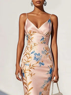 Pink Floral Satin Spaghetti Gallus Mermaid Midi Dress