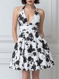 Black & White Floral Print Halter Neck A-Line Mini Dress