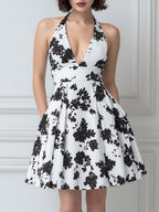 Black & White Floral Print Halter Neck A-Line Mini Dress