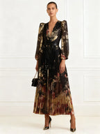 Black Floral Chiffon V Neck Long Sleeve Balloon Sleeve A-Line Maxi Dress