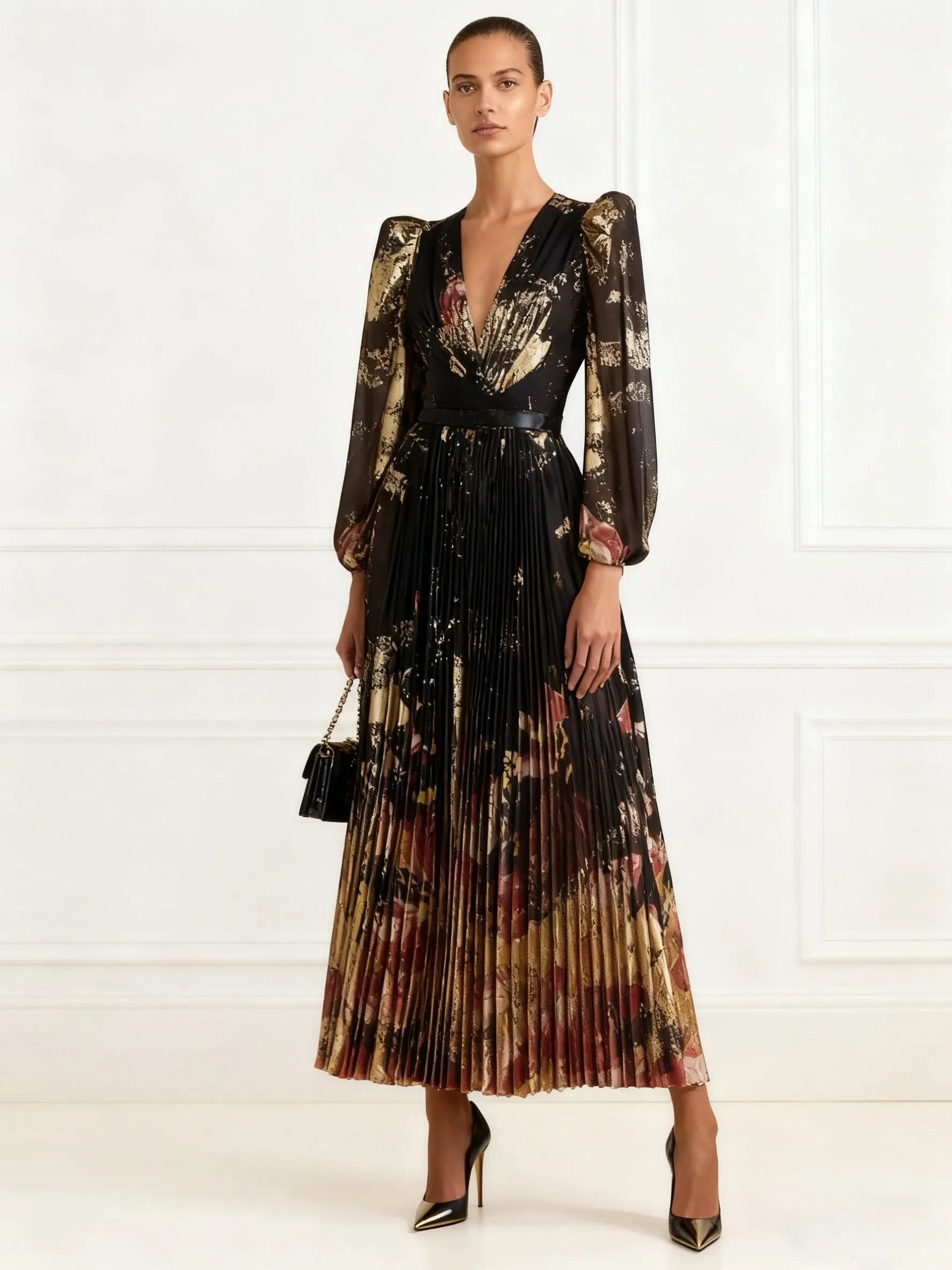 Black Floral Chiffon V Neck Long Sleeve Balloon Sleeve A-Line Maxi Dress