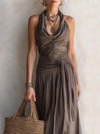 Bohemian Brown Pleated Halter Neck Maxi Dress