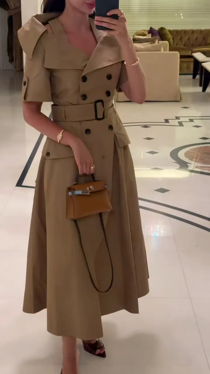 Khaki Trench‑Style Midi Dress