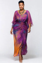 Xpluswear Design Plus Size Cocktail Party Purple Tie Dye Round Neck Flare 3/4 Sleeve Ruched Chiffon Maxi Dresses