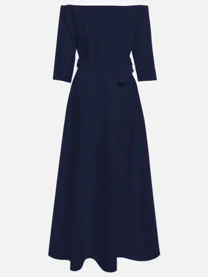 Purplish Blue Classic Off The Shoulder Half Sleeve A-Line Maxi Dress