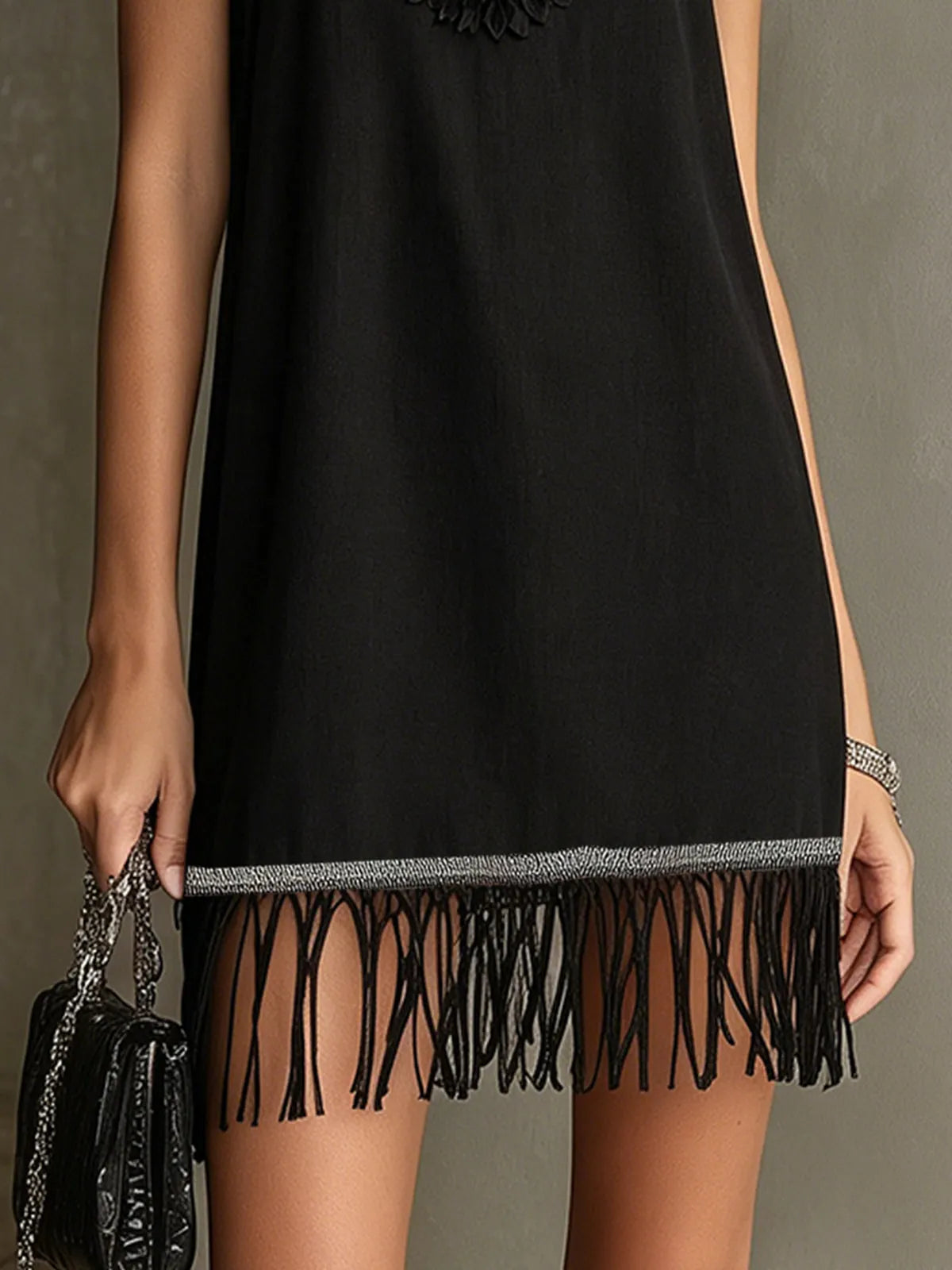 Black Floral Appliqué Mini Dress With Fringe Hem