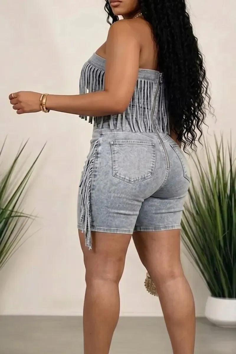 Acid Wash Strapless Fringe Denim Biker Short Jumpsuit