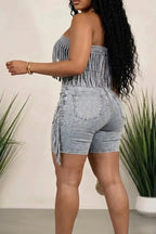 Acid Wash Strapless Fringe Denim Biker Short Jumpsuit