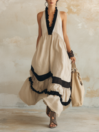 Contrast Ruffle Halter Tiered Linen Maxi Dress