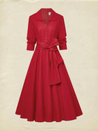 Midi Linen Dress, Half Sleeve, Shawl Collar, Plain, Button Design, French Vintage, Red