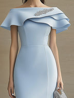 Feminine Light Blue Dress with Ruffled Asymmetrical Neckline