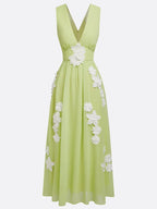 Light Green Applique Chiffon V Neck Sleeveless A-Line Maxi Dress