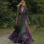 Vintage Classy Gradient Purple Peacock And Floral Embroidered V Neck Maxi Dress
