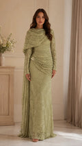 Beaded Lace Draped Cape Mermaid Gown
