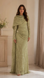 Beaded Lace Draped Cape Mermaid Gown