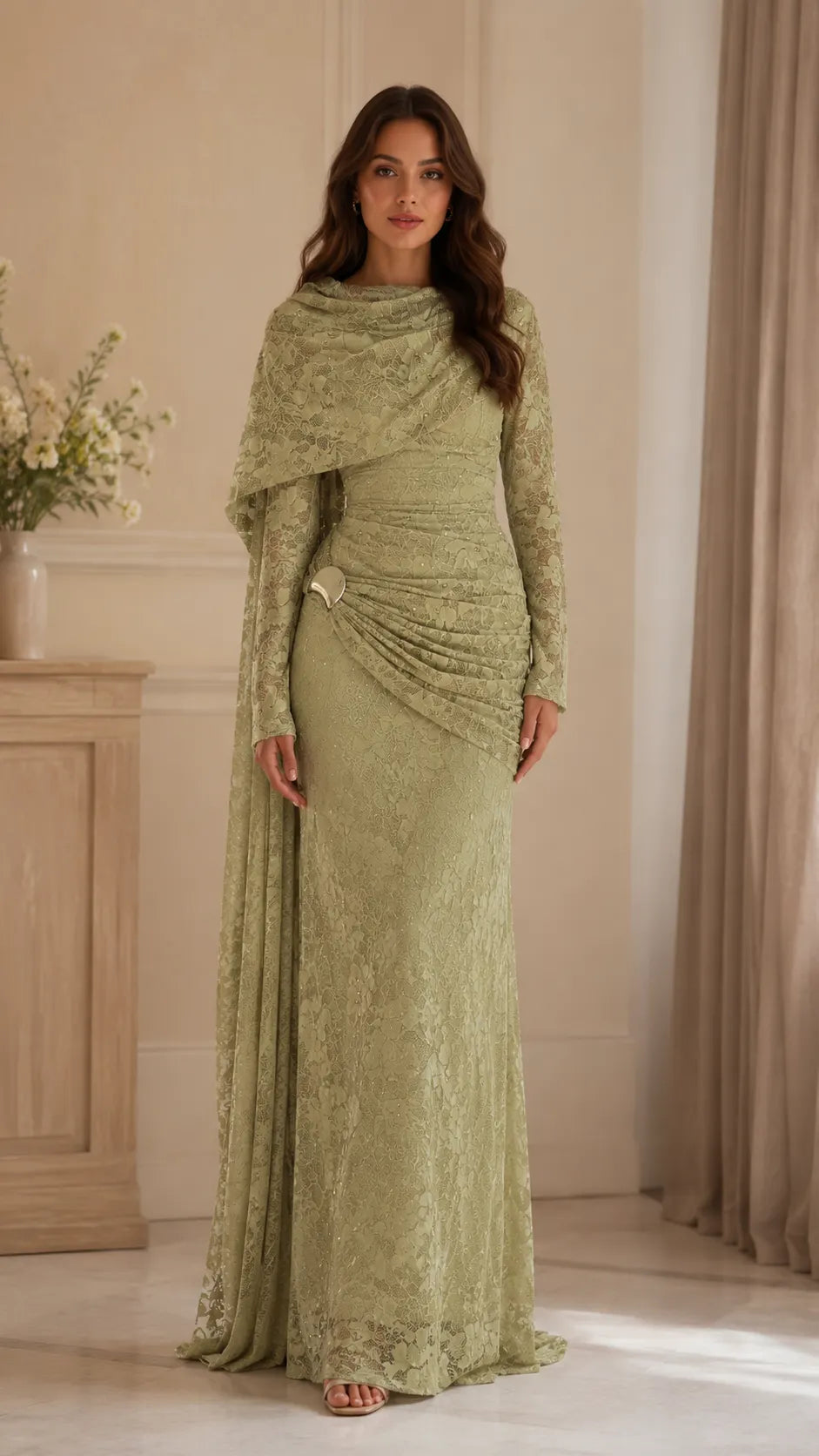 Beaded Lace Draped Cape Mermaid Gown