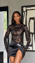Long Sleeve Lace Bodysuit & Satin Slit Mini Skirt Set