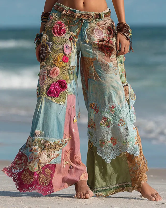 Summer Vacation Contrast Lace Panel Floral Embroidery Linen Pants 8a52