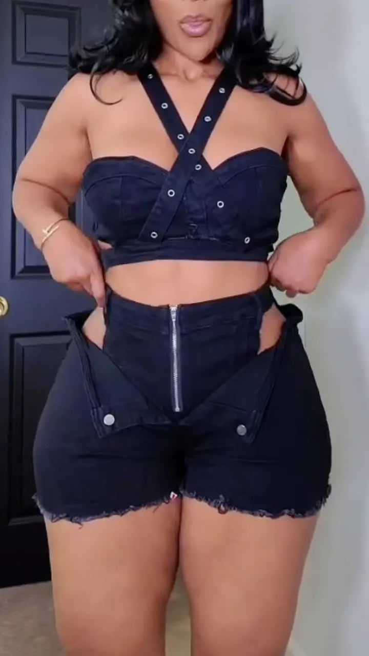 Criss-cross Strap Crop Top + Cut-out Frayed-hem Denim Shorts Set