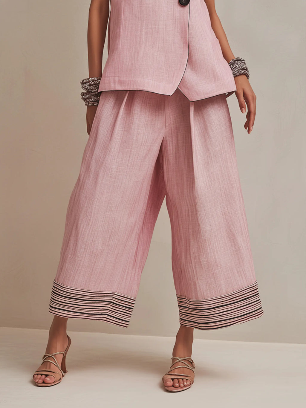 Blush Pink Linen-Blend Co-ord Set With Button Vest & Striped Hem Culottes