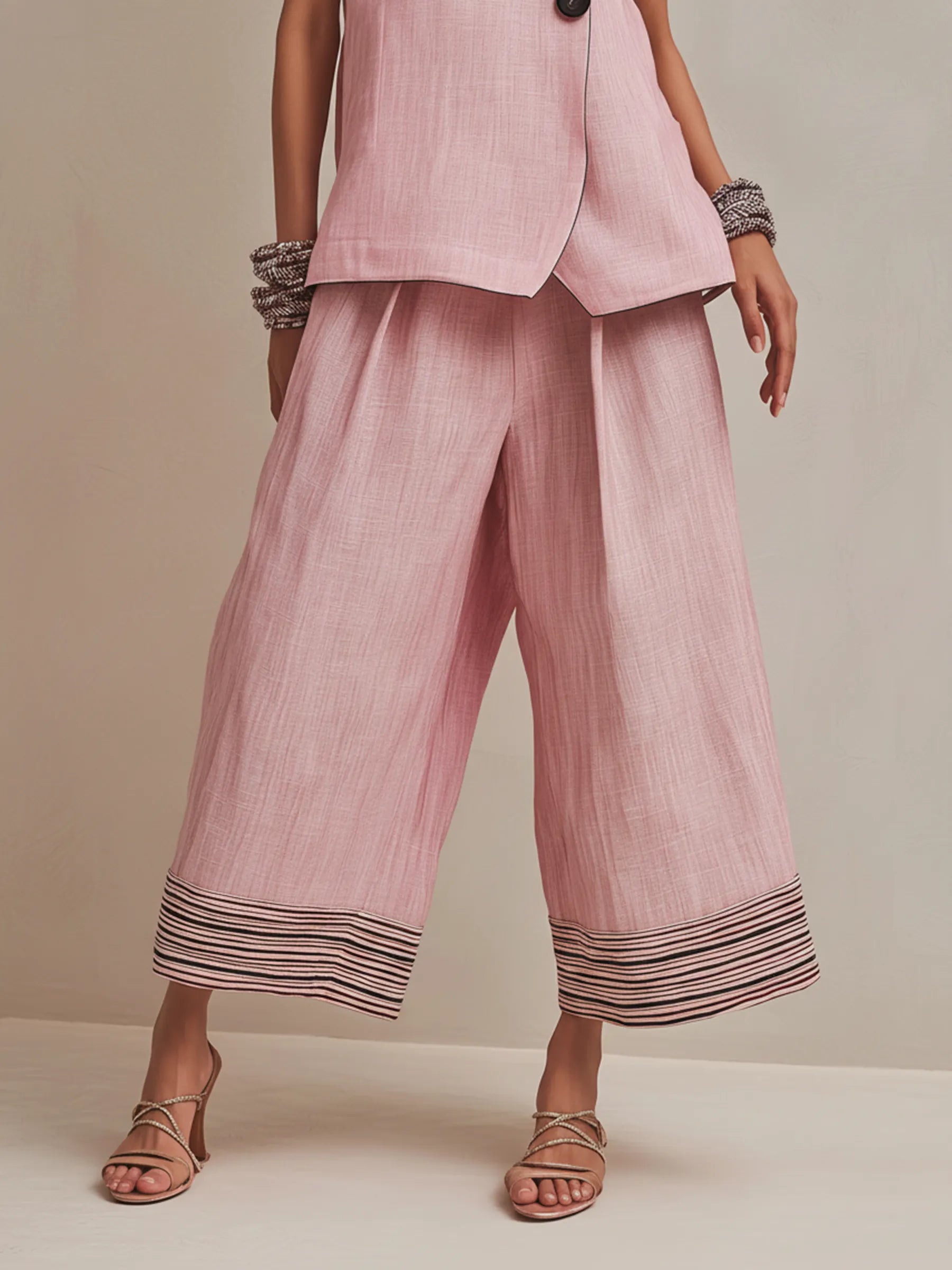 Blush Pink Linen-Blend Co-ord Set With Button Vest & Striped Hem Culottes