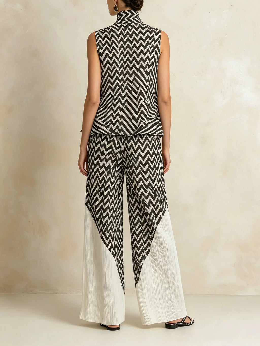 Black & White Chevron Print High-Neck Top & Pleated Wide-Leg Pants Set