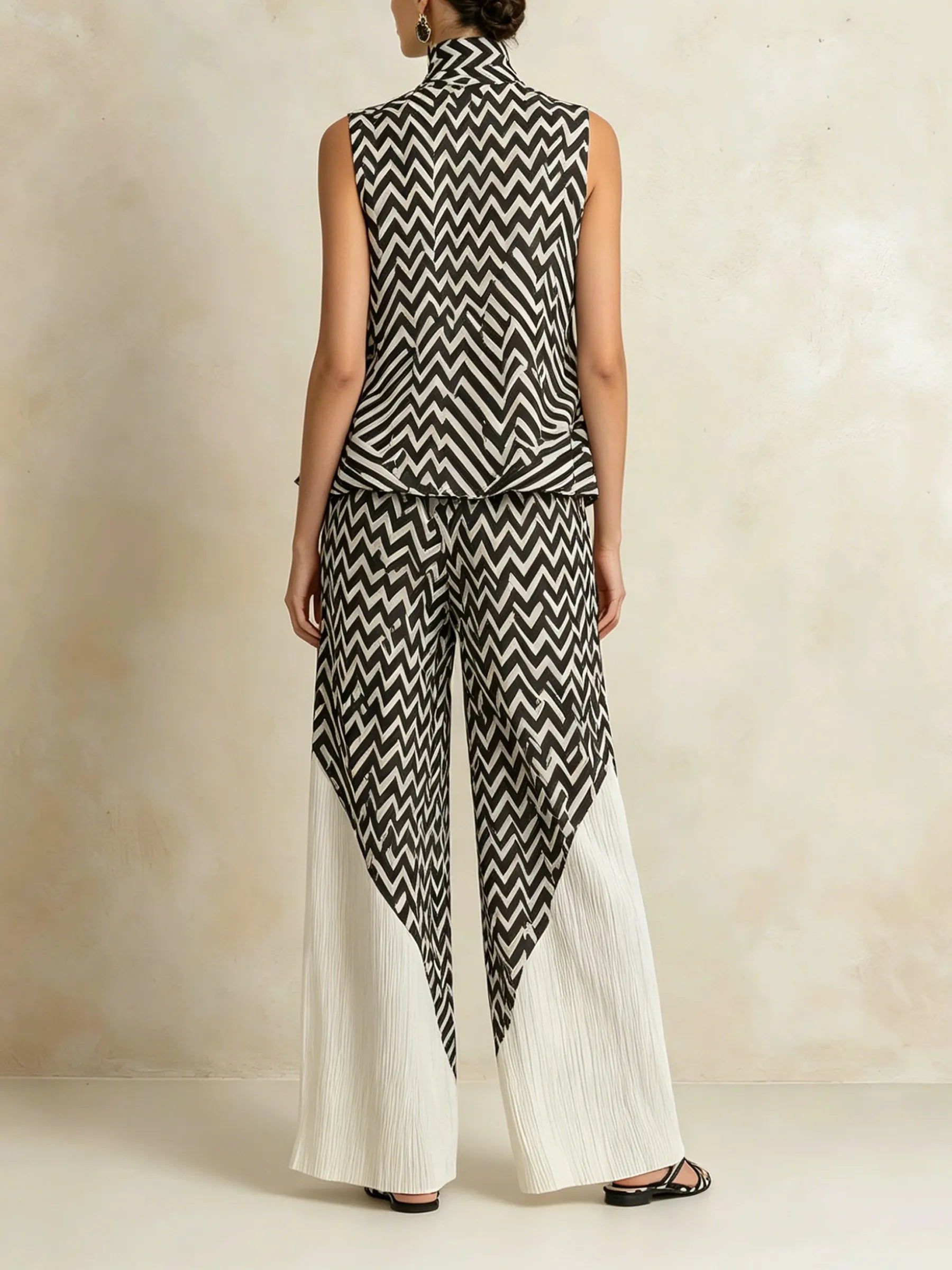 Black & White Chevron Print High-Neck Top & Pleated Wide-Leg Pants Set