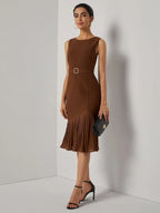 Brown Pleated Slit Classic Boat Neck Sleeveless Mermaid Midi Dress