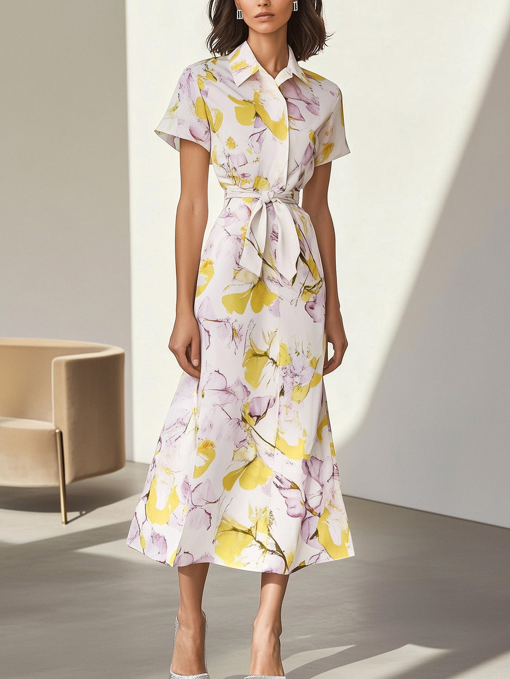 Floral Print Cotton-Blend Short-Sleeve Dress with Waist Tie