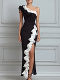 Black And White One-Shoulder Ruffle Evening Maxi Dress